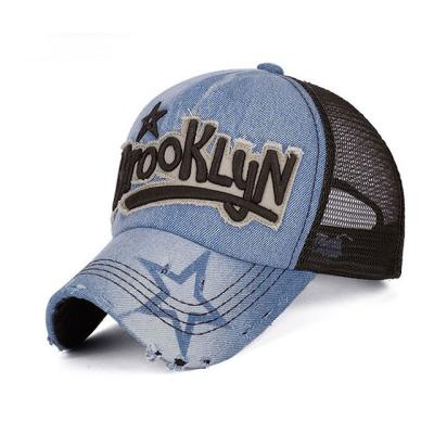 China COMMON Washed Denim Applique Logo 5 Panel Distressed Trucker Hat Mesh for sale