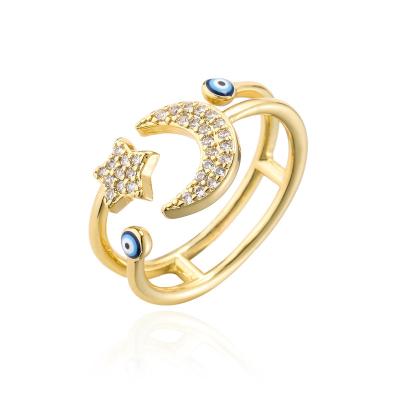 China Star Moon Design Ring Cincin Geometric Drop Oil Devil's Eye Open Woman Ring Gold Plated Jewelry High Quality for sale