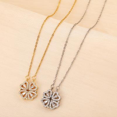 China Female Open Heart And Clavicle Closing Creative Four Leaf Clover Necklace Chai Pendant Micro Set Fashion Love Folding Four Leaf Clover Necklace for sale