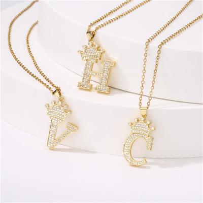 China High Quality Gold Plated Crown Letter Jewelry Woman Charm Pendant Necklace Copper Micro Zircon Necklace Set for sale