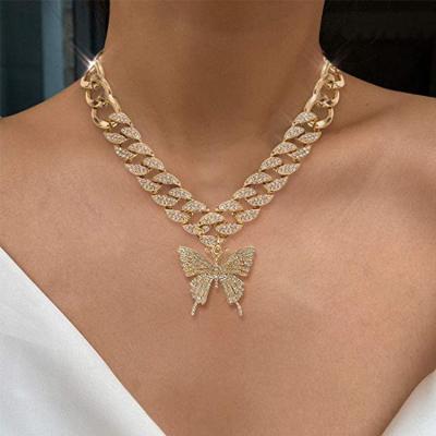 China Luxury Diamond Cuban Chain Woman Butterfly Necklace High Quality Brass Necklace Jewelry Full for sale