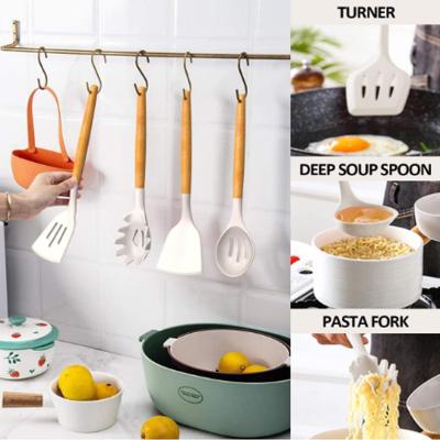 China High End Sustainable Wood Handle Silicone Kitchenware Wooden Cookware Set Suit for sale