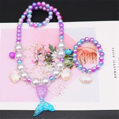 China Wholesale Hyperbole Children's Necklace Beauty Girl Pearl Necklace Bracelet Ring Earring Set Girl Baby Fishtail Accessories for sale