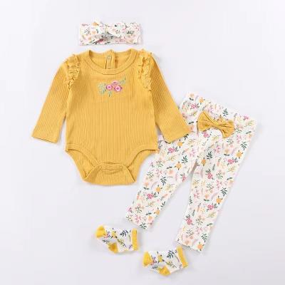 China Autumn Baby Long Sleeved Cotton Cozy Overalls Dress Hat Newborn Embroidered Matching Headband for sale