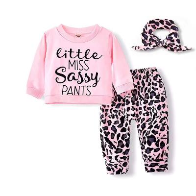 China New Comfy Pink Monogram T-shirt Leopard Print Long Sleeve Pants With Headband Set for sale