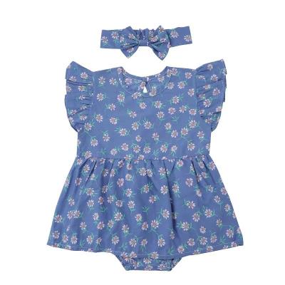 China Wholesale 100% cotton girl printed jumpsuit with hair band set cotton cute baby ha YI for sale