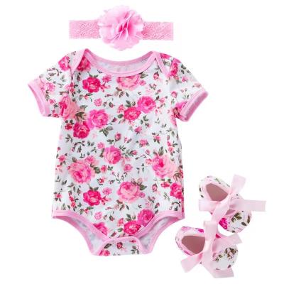 China Summer comfortable unlined top dress baby one sleeve shoes short hair band set leopard printing children's costume clothing for sale