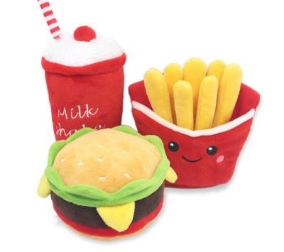 China Custom Cute Fun Dog Chew Toys China OEM Food Hamburger Sandwich French Fries Pet Toys Plush Squeaker Toys For Chewer for sale