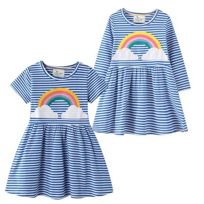 China OEM Breathable Kids Clothes Stripes Casual Outfits 100% 2-10 Years Old Summer Pattern Baby Rainbow Knitting Girls Dress Cotton for sale