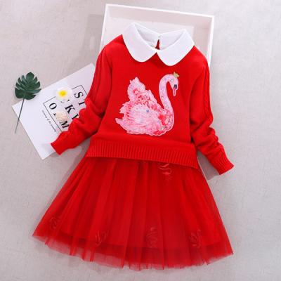 China Popular Animal Embroidery Layered Sweater Girls Long Sleeves Crewneck Sweater Sweater Tulle Dress Sets for sale