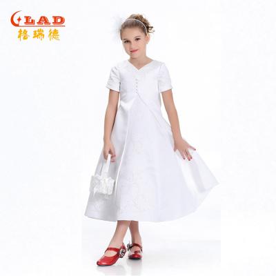 China A large vertical pleat at the center front to make a unique v neckline 2-16 year old girls' dress dresses wedding short sleeves satin embroidery first communion dresses for girls for sale