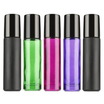 China Personal Care Thick Wall 10ml Blue Black Purple Green Perfume Roll On Bottle With Metal Roller Ball Frosted Glass Roll On Bottles for sale