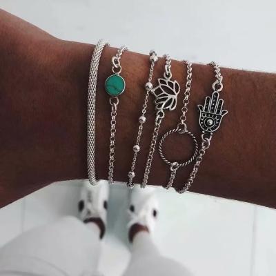 China Retro Six-piece Nickel Free Lotus Chain Turquoise Fatima Palm Bracelet Simple Bead Chain Bracelet Set Jewelry for sale