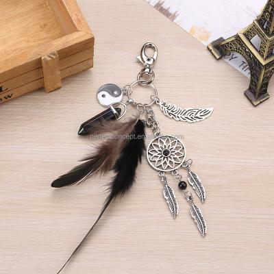 China Natural Bag Charm Catcher Dream Feather Stone Metal Personalized Key Chain for sale