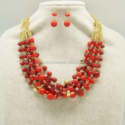 China Lampwork Handmade Latest 6 Rows Beads Shape Necklace Earring Sets Multi Rows Beads Necklace Beads Statement Necklace for sale