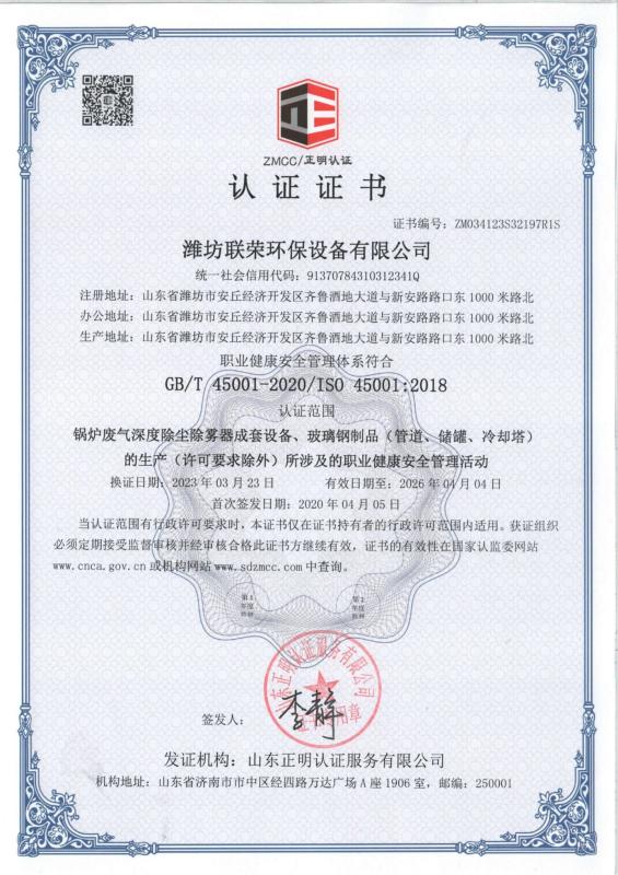 Occupational Health System Certificate - Weifang Lianrong Environmental Protection Equipment Co., Ltd