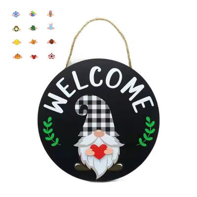 China Europe Newcomer Garden Around Farmhouse 12 Pcs Set Interchangeable Magnetic Replacement Hanging Wooden Welcome Sign For Front Door for sale