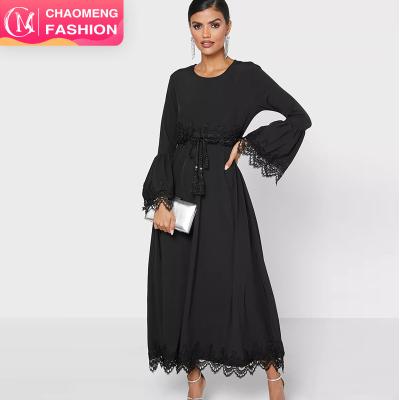 China 16001# Viable Abaya Muslim Dress For Women All Black Ladies New Style Round Neck Waist Adjustable Lace Applique Embroidery Modest for sale