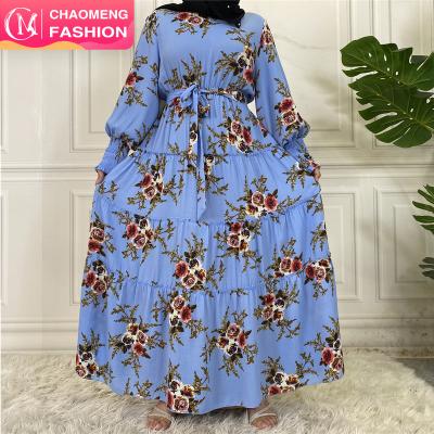 China Beautiful Blue 6556-2# Printed Muslim Chiffon Modest Abaya Dresses S-2XL/Customized Women High Waist Dress Long Sleeve Big Elastic Edge for sale