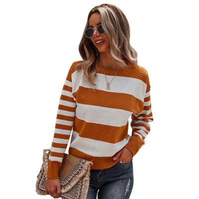 China Breathable Hot Selling Ladies Striped Round Neck Long Sleeve Knit Top Casual Women's Sweater for sale