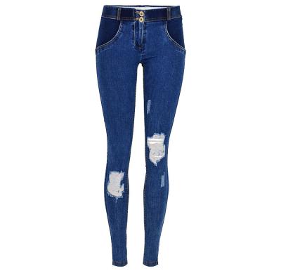 China New Breathable Mid Waist Stretch Slim Pencil Foot Pants Shapes Ripped Skinny Comfy Women's Jeans for sale