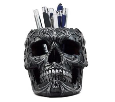 China Europe Custom Resin Skull Skeleton Pen Holder Figurine Office Desktop Head As Halloween Macabre Spooky Decorative for sale