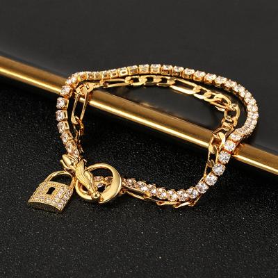 China Luxury Hiphop Jewelry Double Diamond Tennis Bracelet Lock Chain Bracelet 18k for sale