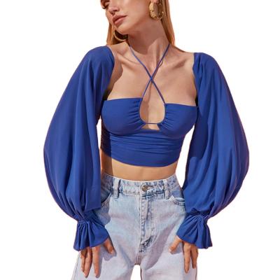 China Femme Summer New High Street Viable Shirt Hollow Out Solid Backless Halter Blouse Women Lantern Sleeve Crop Tops Long for sale