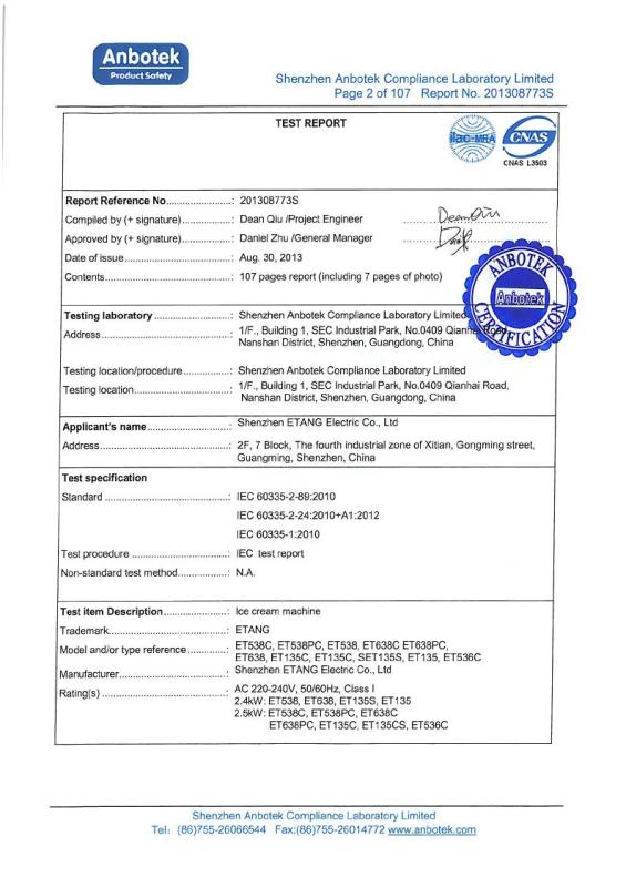 TEST REPORT - Shenzhen Etang Electric Co., Ltd