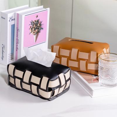 China Luxury Stylish Knitted Sophisticated Tissue Leather Box Lid Holder For Home Office Premium Soft Touch Tissue Dispenser Organizer for sale