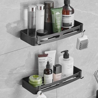 China Bolt Inserting Type 2 Black Aluminum Wall Bathroom Corner Set Beams Adhesive_drilling Shower Caddies Rack With Hooks for sale