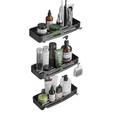 China Bolt Inserting Type Adhesive Suction Shelf Bathroom Shower Caddy Organizer Aluminum Drill Free Triangle 2 Tier Corner Shelf for sale