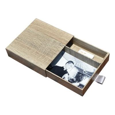 China Viable Wooden Texture 4x6 Photo Prints Storage Packaging Drawer Box With USB Gift Box for sale