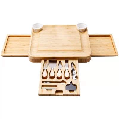 China Large Capacity Sustainable Natural Organic Bamboo Cheese Wooden Panel with 3 Cutlery Drawers for sale