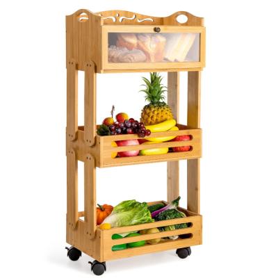 China 3 Tier Sustainable Flexible Kitchen Bamboo Cart Large Capacity Shelves Bread Tray Fruit Cart Storage Car Baskets With Wheels for sale