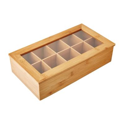 China 10 Compartment Viable Storage Box Storage Organic Bamboo Tea Bags For Tea Bag Trolley Sundries With Glass Cover for sale