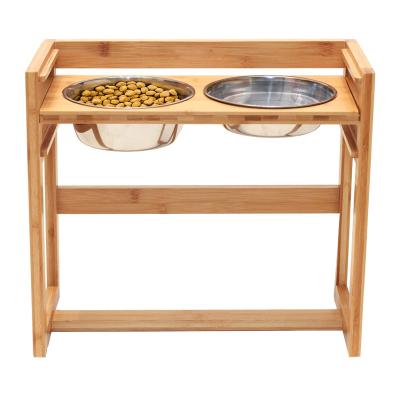 China Large Sustainable Expanded Adjustable Bamboo Dog Feeder With Two Stainless Steel Food Bowl for sale