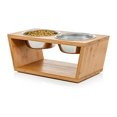 China Viable Wholesale New Design Bamboo Wooden Pet Feeder Stand With Stainless Steel Bowls For Cats And Dogs for sale