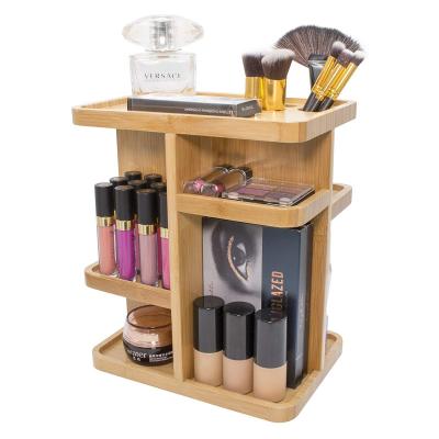 China 360 100% Sustainable Bamboo Rotating Makeup Organizer Storage Box With Multifunctional Divider for sale