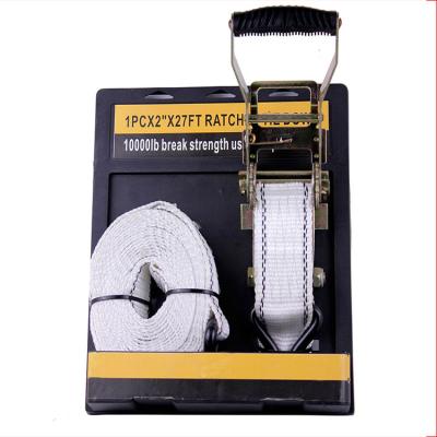 China Polyester Double J-Hook 5X800cmX1pcs Whipping Belt With Plastic Handle Ratchet Tie Down for sale