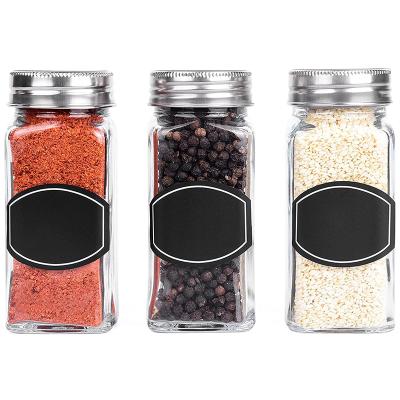 China Stocked Glass Spice Jars Bottles Empty 4oz Square Spice Containers With Labels Spice Shaker Lids And Metal Airtight Lid for sale