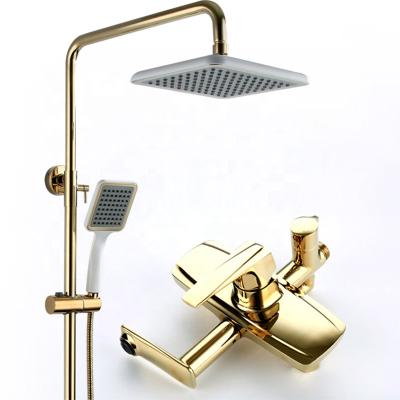 China With Slide Bar UPC Shower Faucet Cartridge Rain Hair Brush Shower Head Extension System Gold Exposed Plastic Shower Set for sale