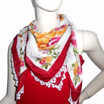 China Feature: Fashion Polyester Anti-static Floral Printing Voile Square Scarf With Lace For Spring for sale