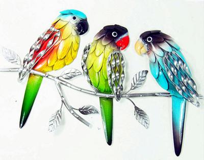 China 3 PCS Parrot Rustproof Colorful Metal Wall Art Garden Home Decoration for sale