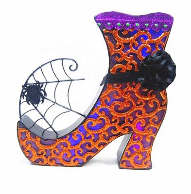 China Anti Rust UPGRADE Elegent Metal Halloween Boot LED Lantern Ornament Iron Hallowmas Witch Boot Eco-friendly Decoration for sale