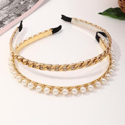 China High Quality Luxury Women's Pearl Knotted Headband Metal Beads Hair Accessories Baroque Head Band for sale