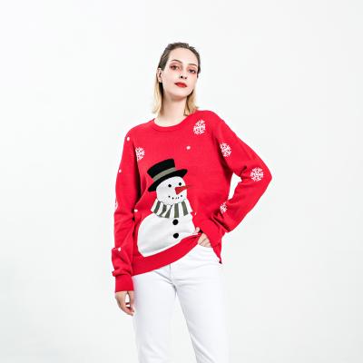 China 2021 Winter Long Sleeve Breathable Plus Size Top Customized Round Neck Women Knitted Funny Snowman Jacquard Christmas Sweater For Women for sale