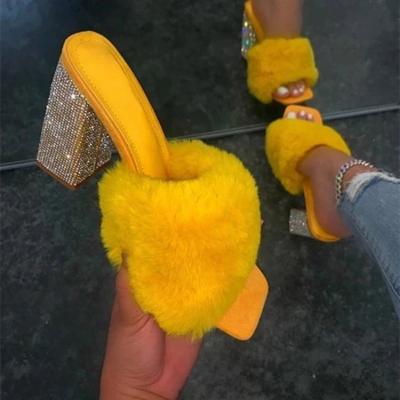 China Fashion trend 2021 faux stone style square toe shoes high heel furry sandals summer new women's fancy high-heeled summer sandals fur for women for sale