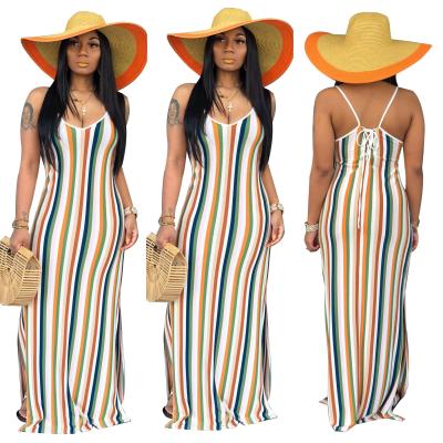 China 2021 Summer Cotton Multicolor Striped Backless Casual Dress Anti-Static Print V-Neck Lace Up Slit Midi Woman Slim Maxi Dresses for sale