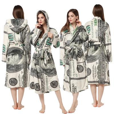 China 2021 New Arrival Breathable Pajamas Wear Long Sleeve Dollar Printed Bathrobe For Men And Women Home Wear Warm With Hat Flannel Sleepwear for sale